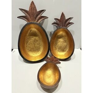RARE OOAK - Set 3 Wooden Pineapple nesting bowls w/ Gold Leaf interior,RARE OOAK